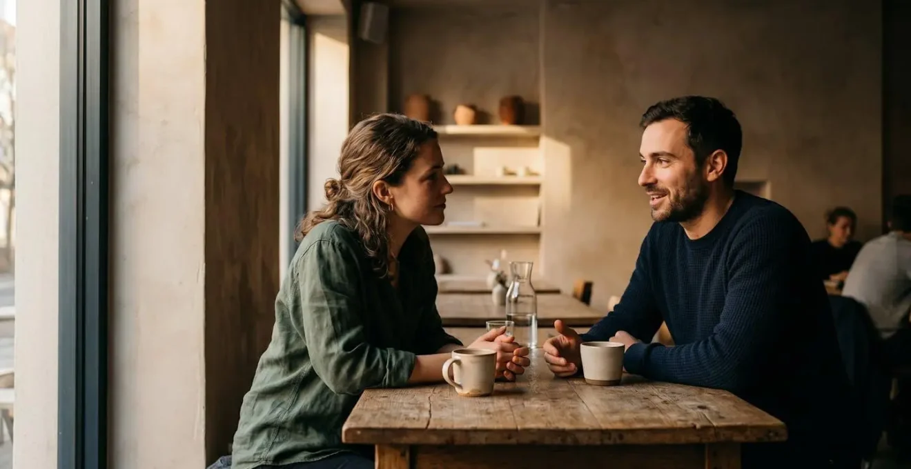 Two people in genuine conversation with warm natural lighting symbolizing authentic connection