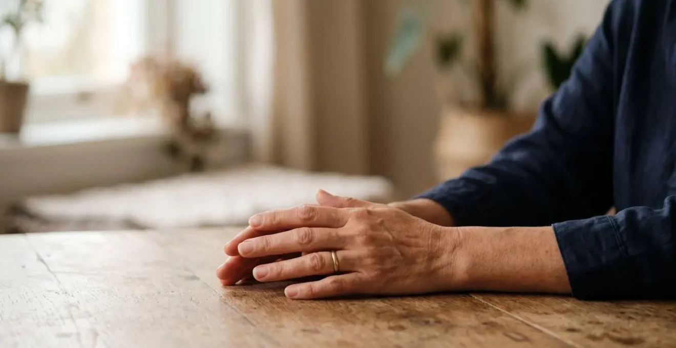 Portrait of hands in calm, centered posture with natural breathing rhythm visualization through soft lighting