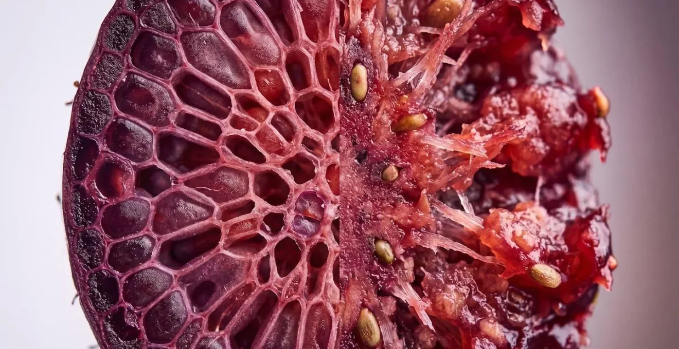 Macro close-up of fruit fiber structure showing cellular breakdown from blending process