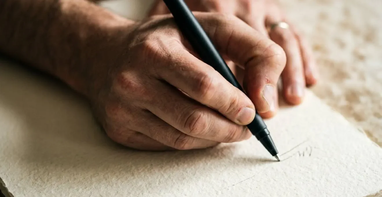 Close-up of hands actively writing in a journal capturing the urgency of a brain dump session