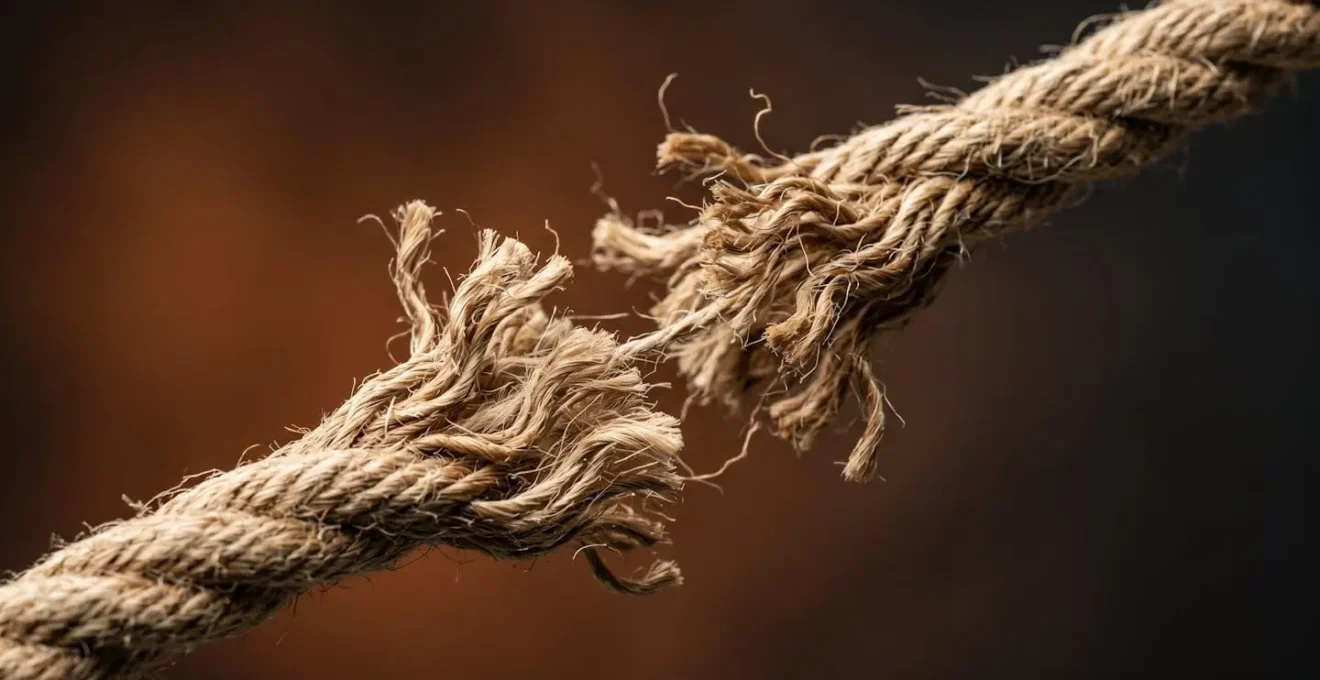 Macro close-up of fraying natural fiber rope under tension symbolizing burnout and exhaustion