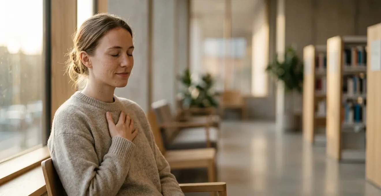 Professional editorial photograph capturing the moment of finding calm during anxiety in a public setting