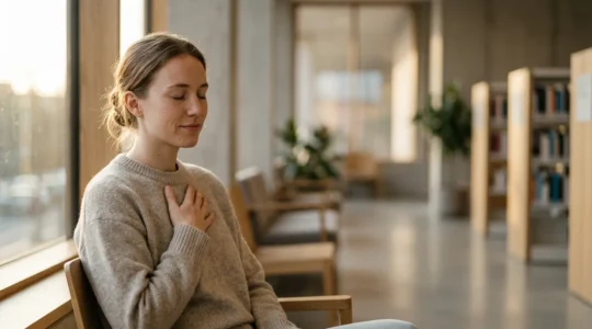 Professional editorial photograph capturing the moment of finding calm during anxiety in a public setting