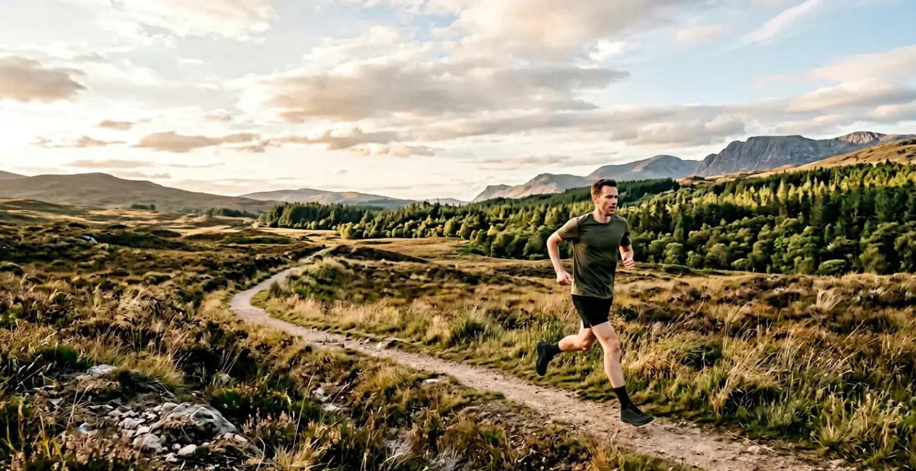Person running outdoors in natural environment demonstrating optimal cardio intensity for stress management