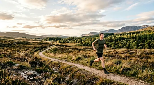 Person running outdoors in natural environment demonstrating optimal cardio intensity for stress management