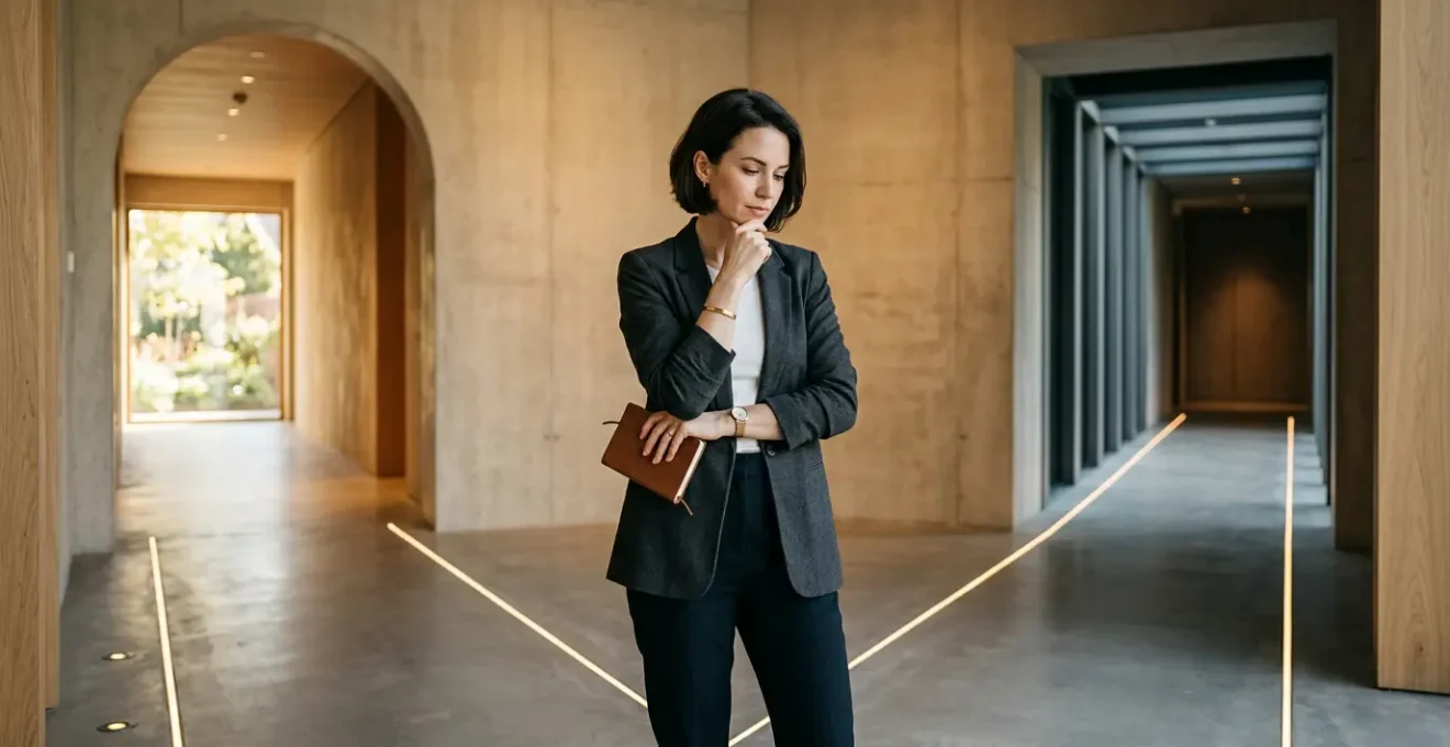 Professional standing at a metaphorical crossroads making a transformative decision about personal growth