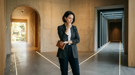 Professional standing at a metaphorical crossroads making a transformative decision about personal growth