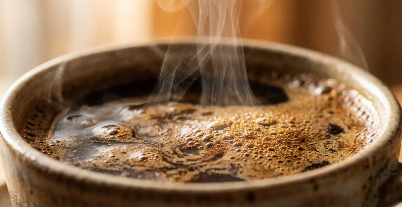 Extreme close-up of coffee surface showing detailed texture and steam rising, capturing the sensory richness of mindful coffee consumption