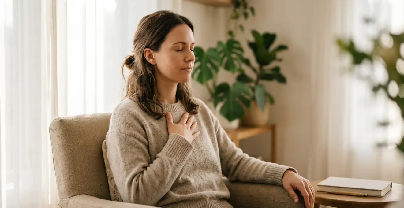 Person practicing mindful breathing and cognitive reframing techniques in a calm home environment