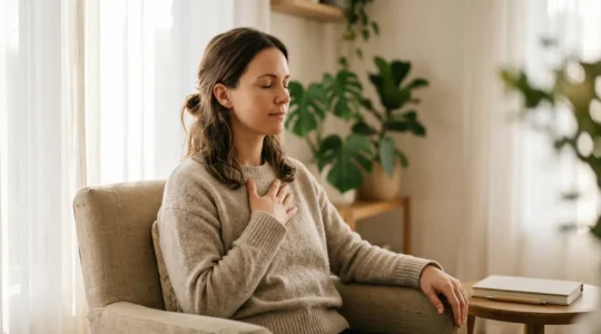 Person practicing mindful breathing and cognitive reframing techniques in a calm home environment