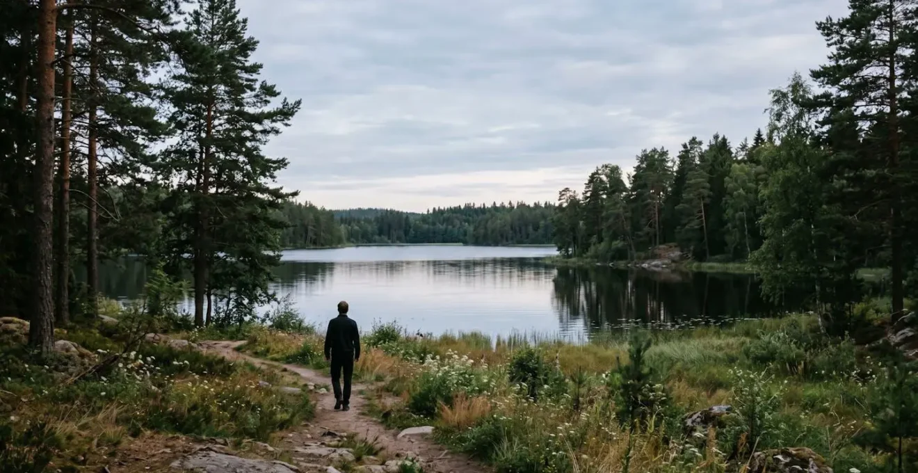 Person in peaceful natural environment during active recovery break from deep work