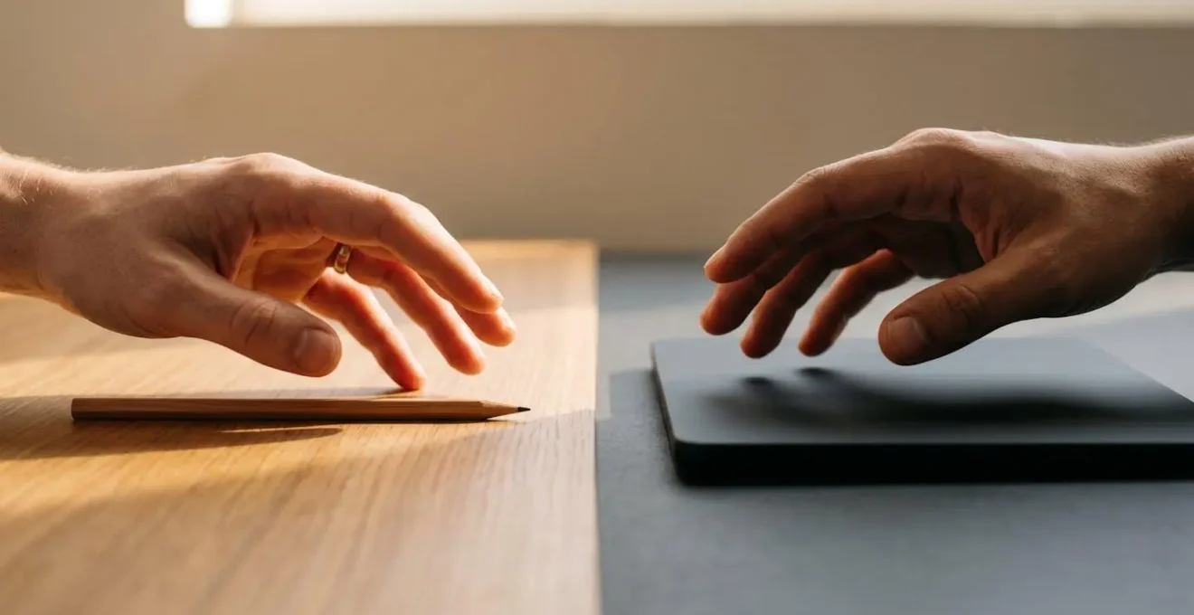 Close-up of hands hesitating between two different work materials symbolizing mental resistance to switching