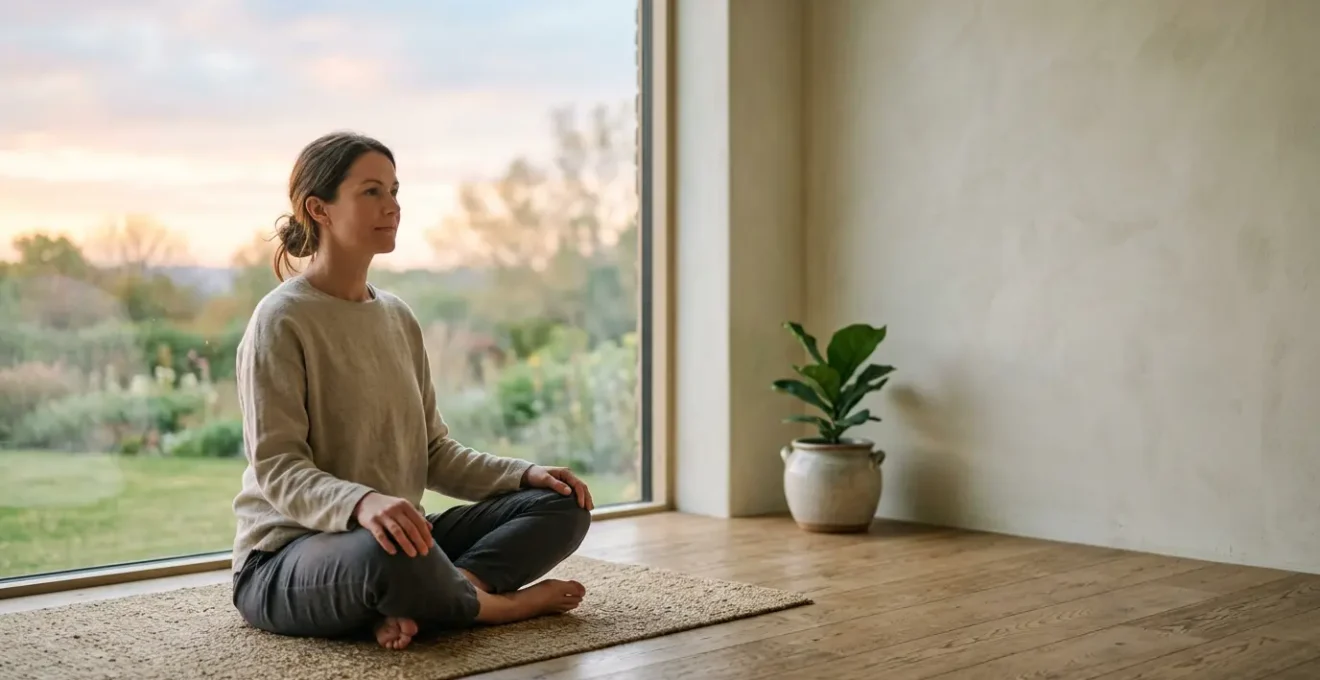 Person in serene morning setting practicing mindful wellness routine with natural elements
