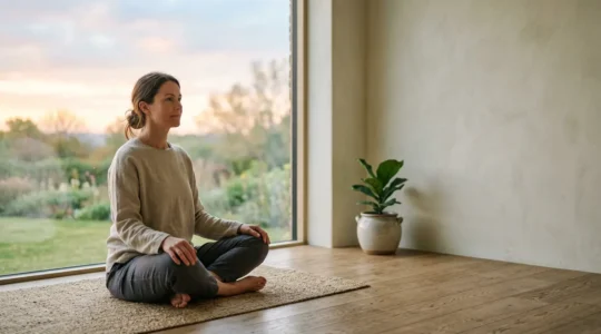 Person in serene morning setting practicing mindful wellness routine with natural elements