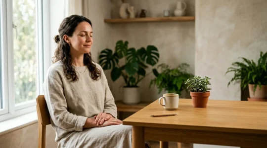 Professional contemplative scene showing personal growth and self-discovery journey