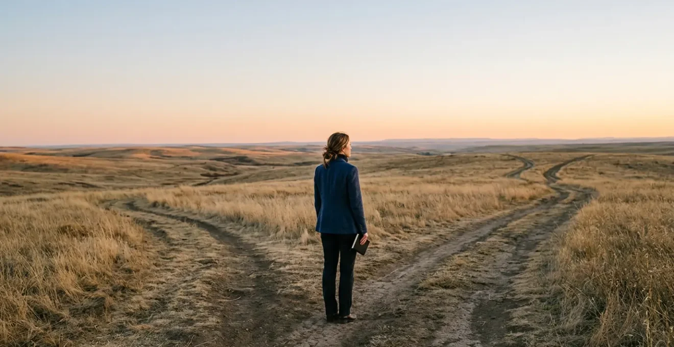 A person standing at a crossroads in a minimalist landscape, contemplating multiple pathways stretching into the distance