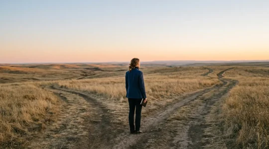 A person standing at a crossroads in a minimalist landscape, contemplating multiple pathways stretching into the distance