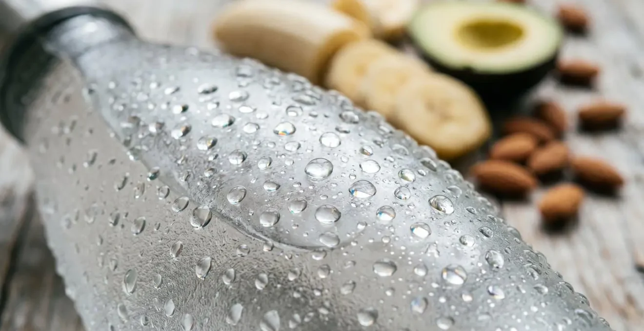 Travel hydration essentials with water bottle and natural electrolyte sources