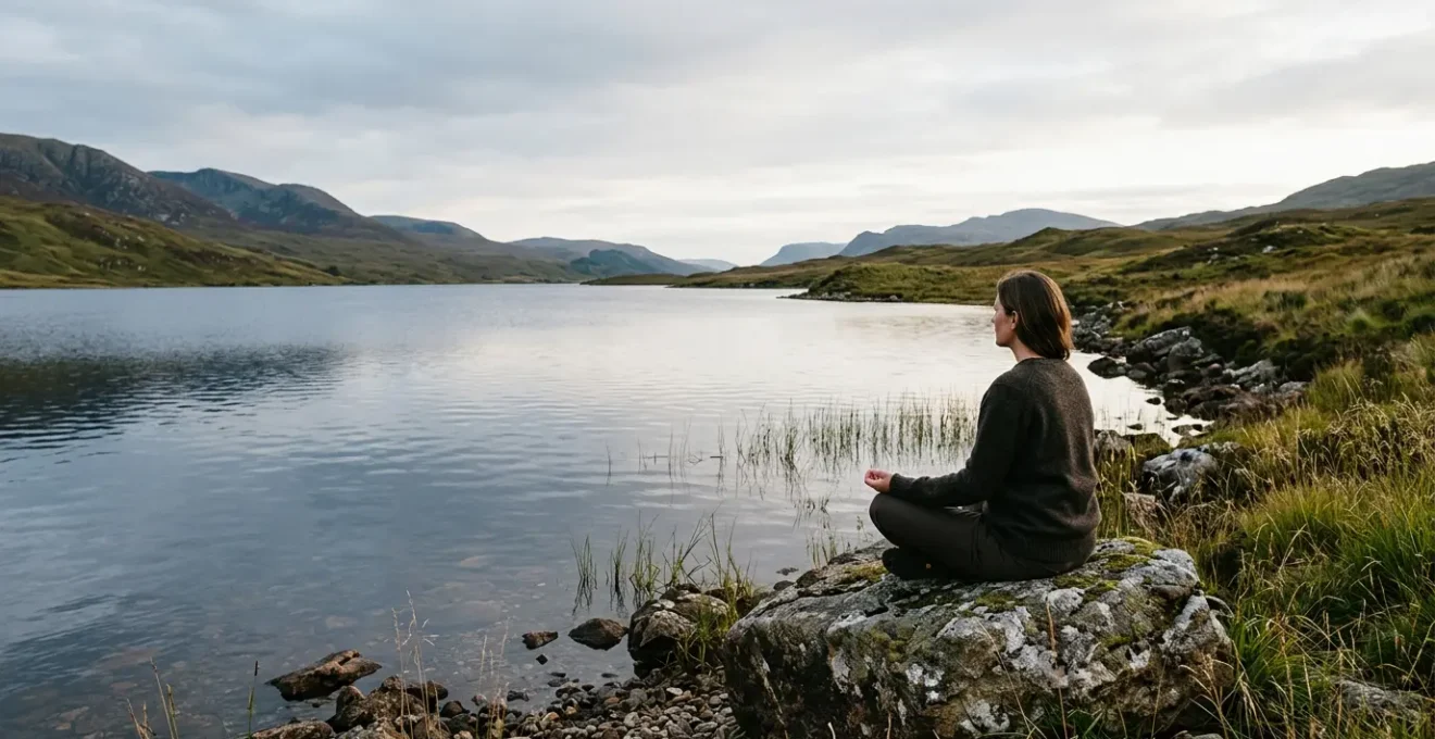 A person sitting peacefully alone in a natural environment, demonstrating self-sufficiency and inner calm