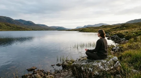 A person sitting peacefully alone in a natural environment, demonstrating self-sufficiency and inner calm