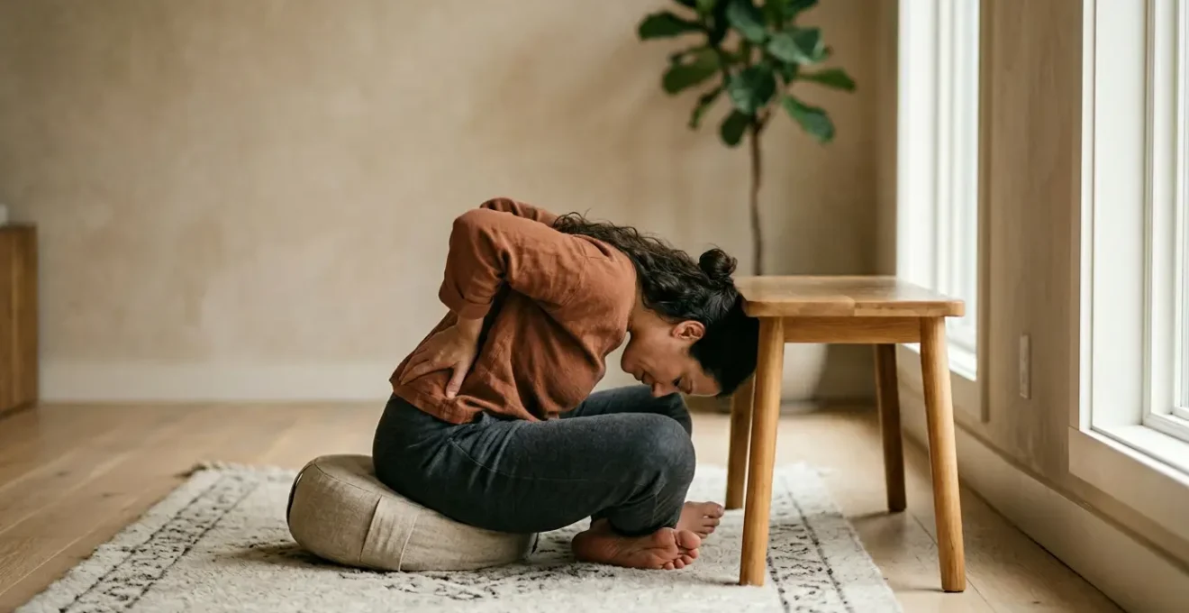 A person in a moment of somatic awareness and emotional release for healing chronic back pain