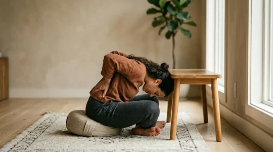 A person in a moment of somatic awareness and emotional release for healing chronic back pain