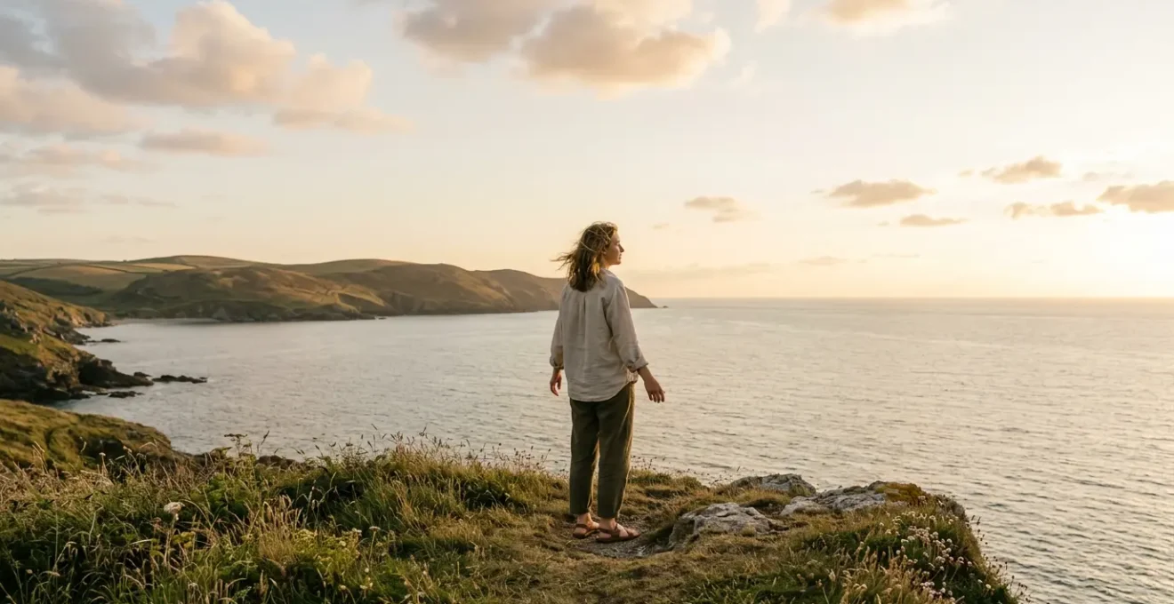 A person in a peaceful natural setting experiencing restored energy through mindful living