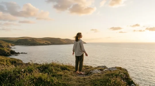 A person in a peaceful natural setting experiencing restored energy through mindful living