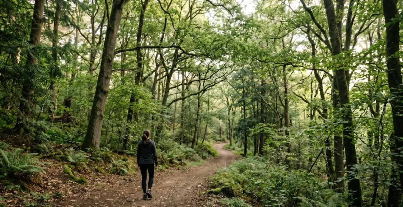 Wide view of a solitary walker immersed in a lush forest environment with dappled sunlight and expansive negative space