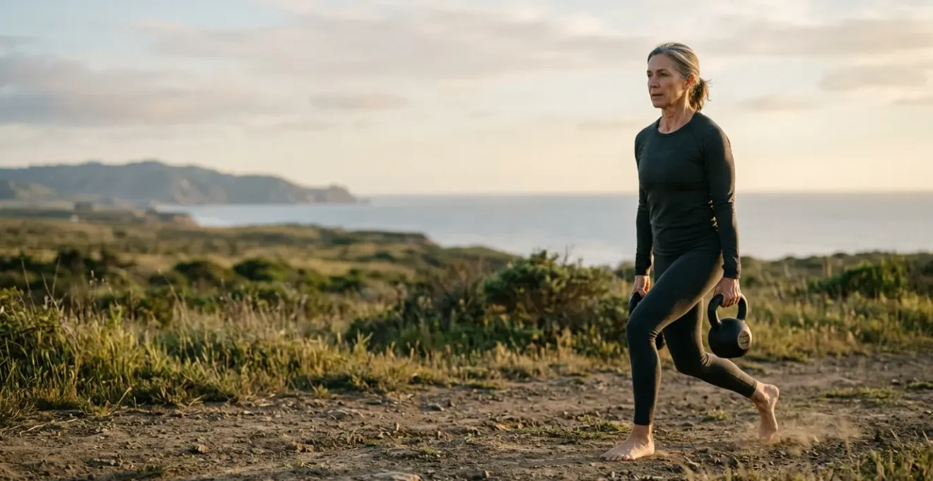 Individual performing functional movement exercise in natural outdoor setting emphasizing strength mobility and longevity