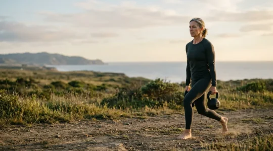 Individual performing functional movement exercise in natural outdoor setting emphasizing strength mobility and longevity