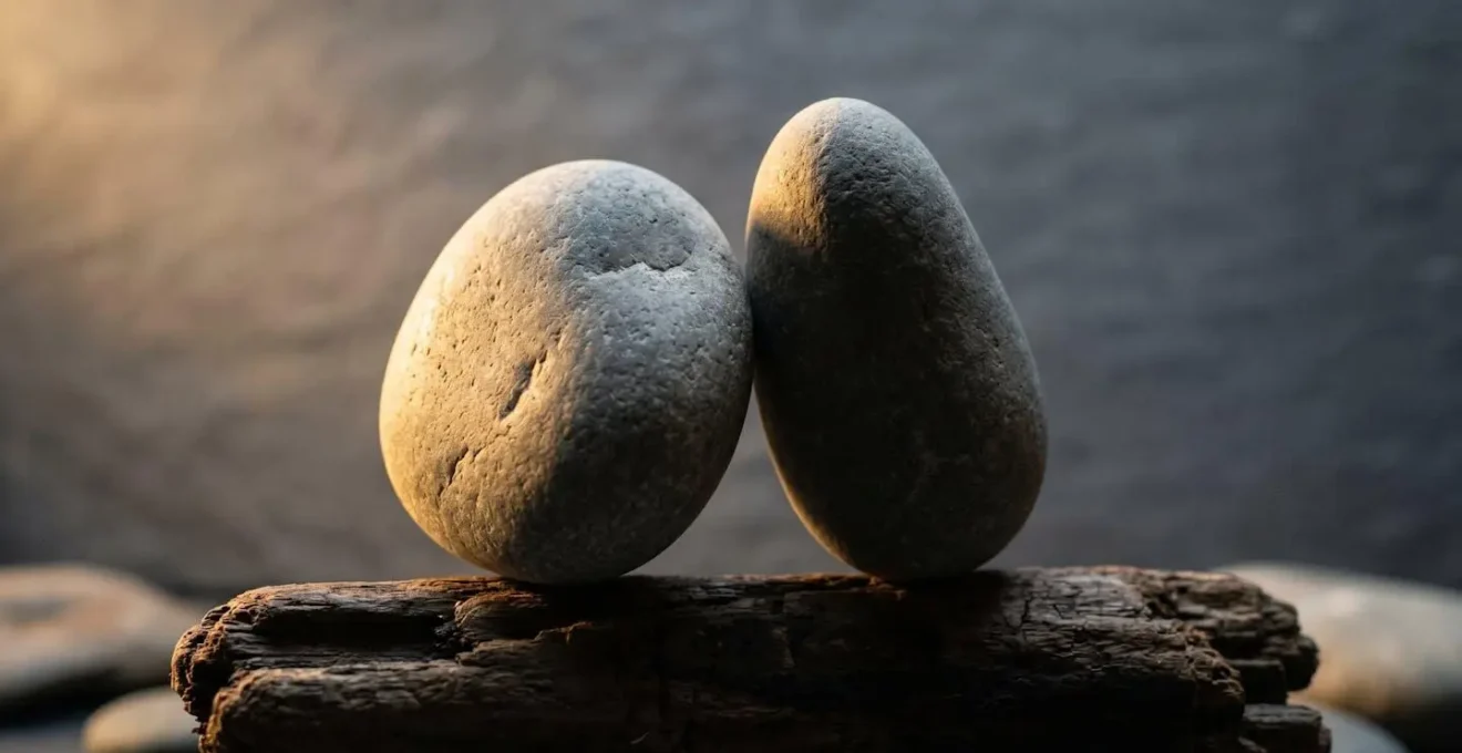 Two balanced elements in dramatic lighting representing the neural opposition between gratitude and anxiety, symbolizing emotional regulation through mindful practice