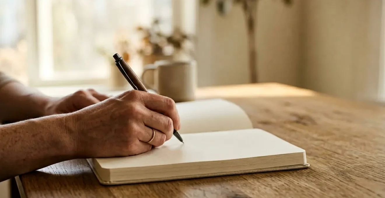 A person peacefully writing in a journal at golden hour with natural light streaming through a window, capturing the essence of mindful gratitude practice