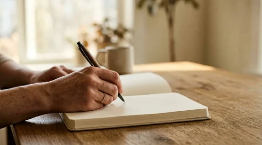 A person peacefully writing in a journal at golden hour with natural light streaming through a window, capturing the essence of mindful gratitude practice
