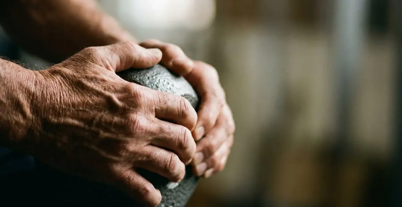 Close-up of weathered hands gripping a natural object demonstrating functional strength and real-world capability