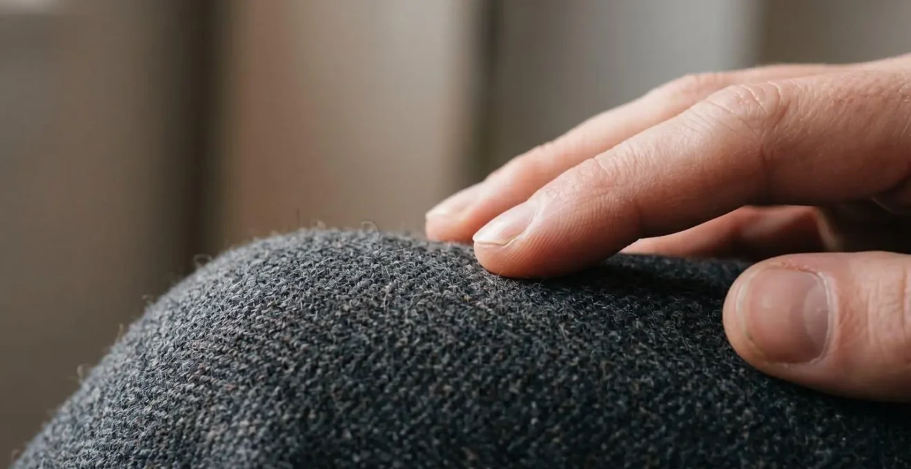 Close-up perspective showing subtle grounding practice using tactile awareness in professional setting