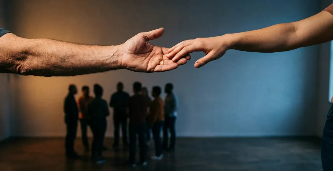 A person extending helping hands toward a community in warm, hopeful light representing connection and healing