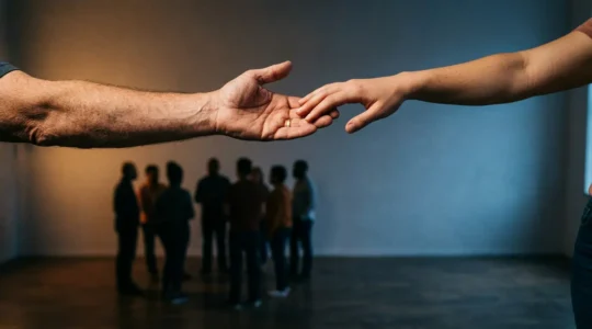 A person extending helping hands toward a community in warm, hopeful light representing connection and healing