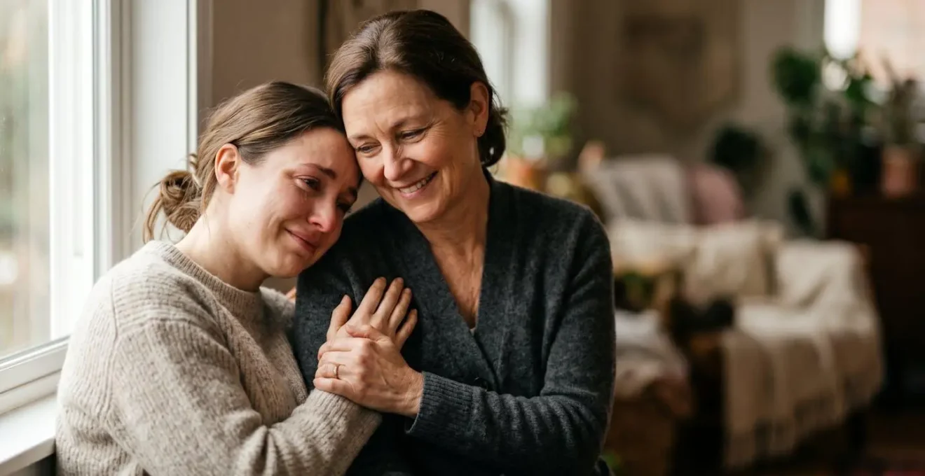 Close portrait capturing genuine human connection and emotional presence in a supportive relationship.