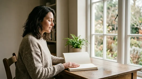 Person experiencing mental clarity through journaling in calm natural light