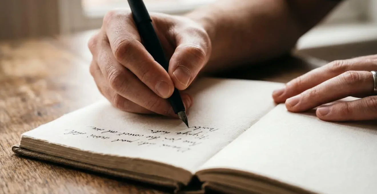 Hands writing thoughtfully in a journal with natural morning light, symbolizing self-reflection and personal growth work