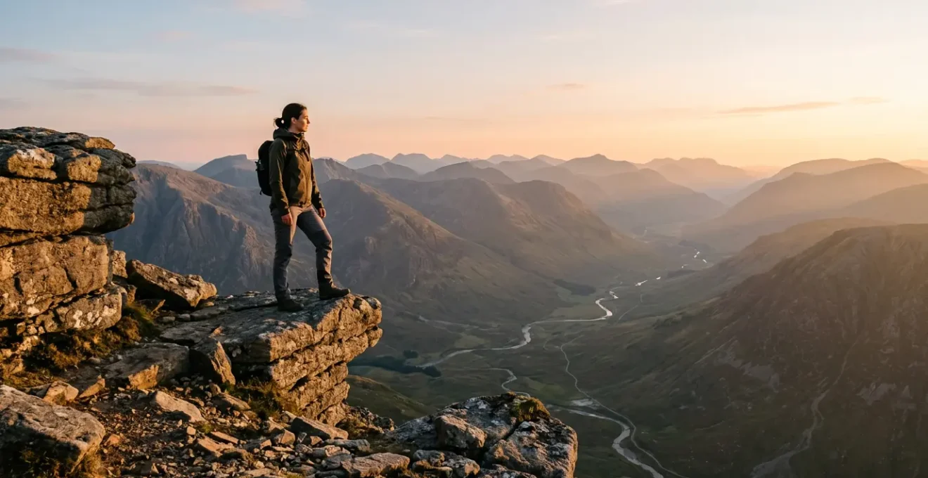 Person standing on balanced rocks overlooking vast natural landscape at golden hour