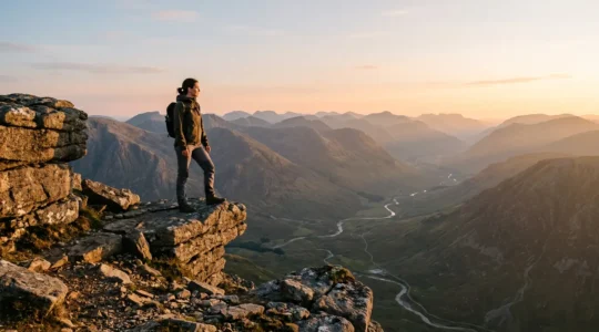 Person standing on balanced rocks overlooking vast natural landscape at golden hour
