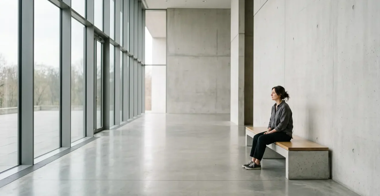A solitary figure in an empty minimalist interior space, representing the profound health impact of social isolation and loneliness