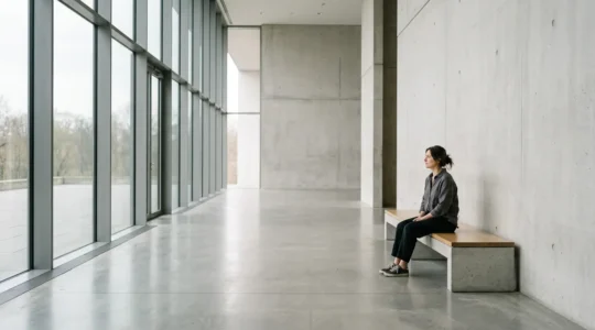 A solitary figure in an empty minimalist interior space, representing the profound health impact of social isolation and loneliness