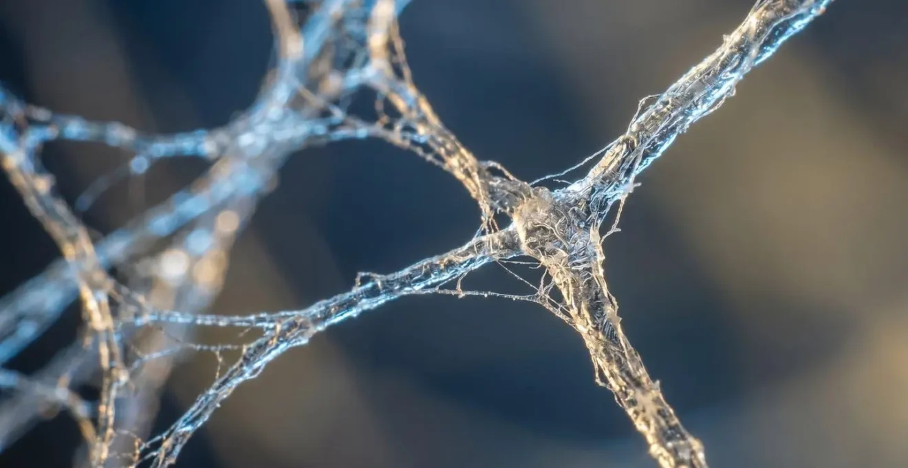 Extreme close-up of organic branching structures representing synaptic connections