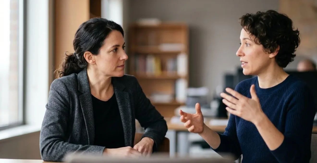Two professionals engaged in authentic conversation with expressive body language showing mentorship and constructive challenge