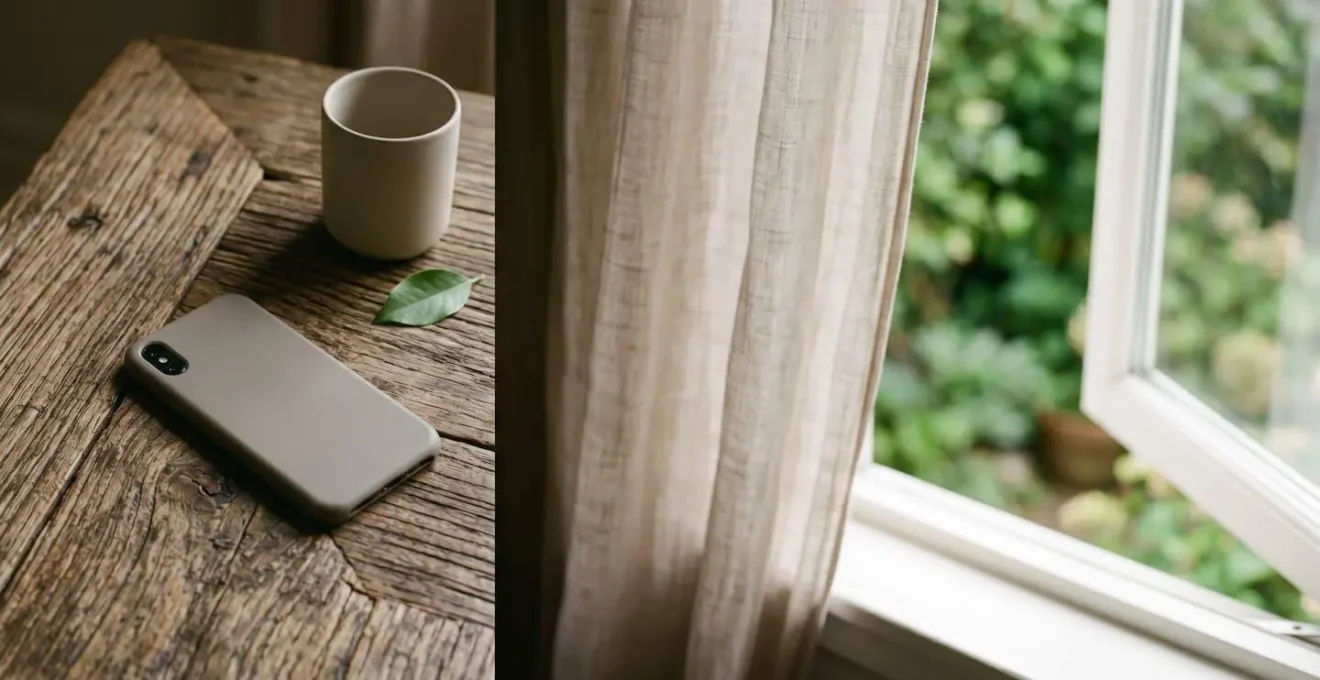 Smartphone face-down on natural wooden surface beside open window with soft natural light