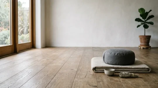 A serene meditation practice moment embodying calm focus and present awareness without distractions