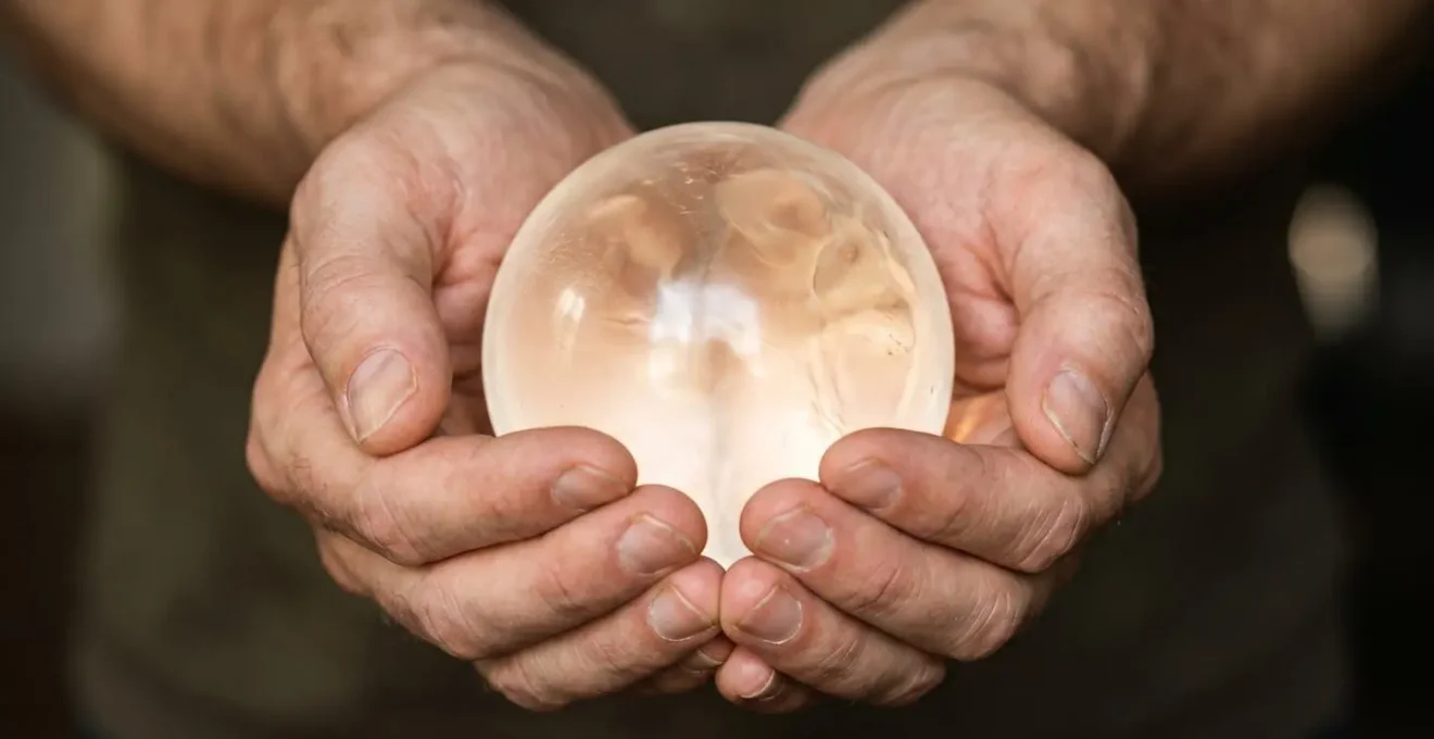 Close-up of hands gently holding an illuminated translucent sphere representing a visualized ideal future